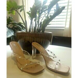 Soda Clear Studded 4” Strappy Sandals 4” Clear Heels Shoes Size 10M Glam Summer
